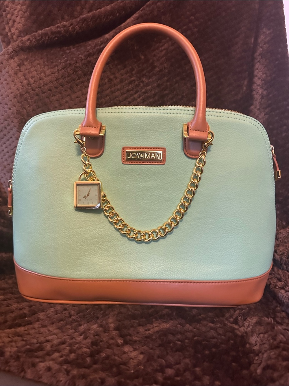 Joy & Iman Mint and Tan Dome Satchel with Gold Chain Accent